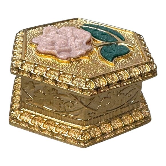 Black Hills Gold Jewelry Trinket Box No. 2 Hexagon Pink Rose Inlaid Gemstone - Picture 7 of 8